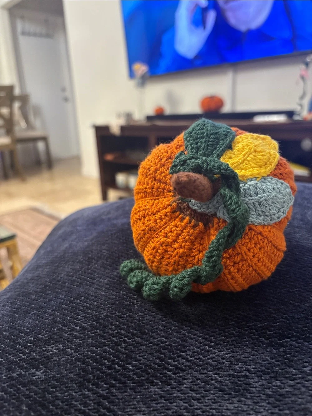 Handmade Orange Crochet Pumpkin with Green Leaves - Fall Home Accent